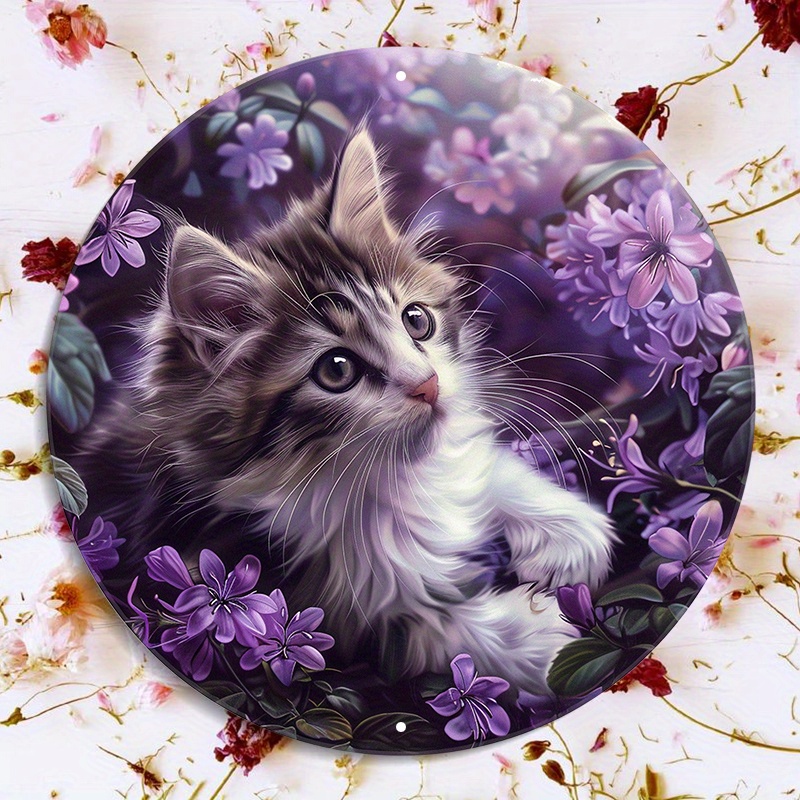 

8x8inch Aluminum Metal Kitten Wreath Decor Sign - Waterproof Hd Printed Round Door Hanger With Pre-drilled Holes - Quality Textured Wall Art Featuring White And Grey Kitten With Purple Flowers