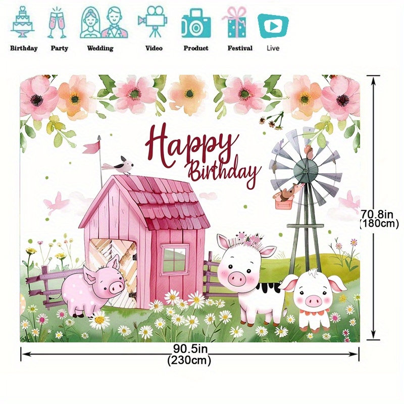 Kreat4joy Sfondo Per Compleanno Fattoria Rosa Con Animali – Telo In Vinile 1x1,5m Per Festa A Tema, Decorazioni Per 3° Compleanno Bambina