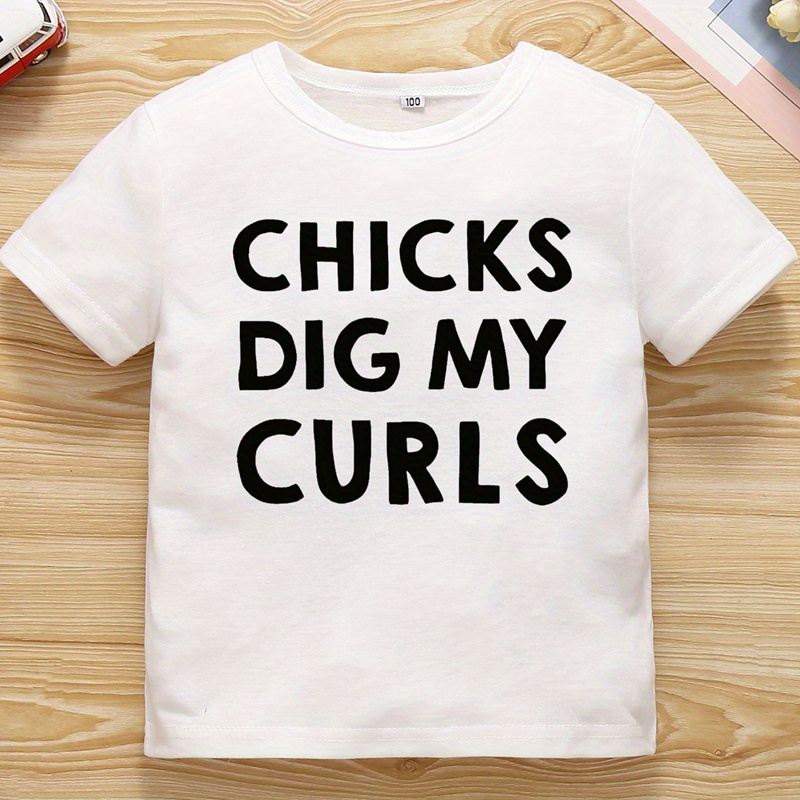 Chicks Dig My Curls" Boys' T-Shirt - Fun Letter Print, Short Sleeve, Summer Fashion Tee for Youngsters