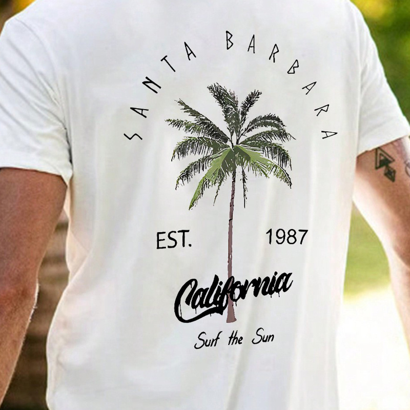 

Coconut Tree And Alphabet Graphic Men's Short-sleeved T-shirt, Casual Street Style Summer T-shirt
