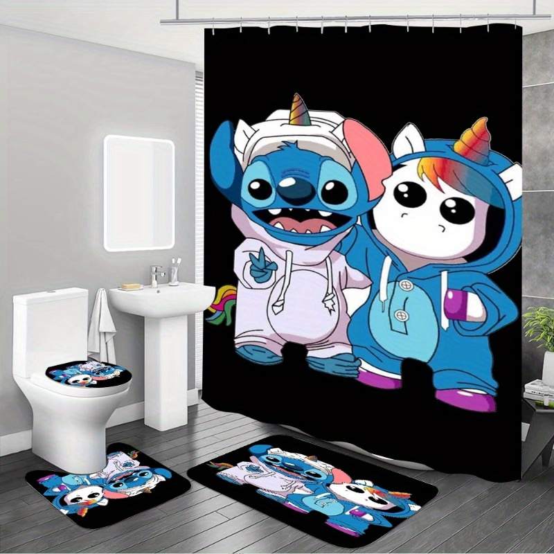 

1/4pcs Stitch Pattern Shower Curtain Set With 12 Hooks, Waterproof Curtain, Non-slip Bath Mat, Toilet Lid Cover, U-shaped Rug, Bathroom Accessories For Modern Decor
