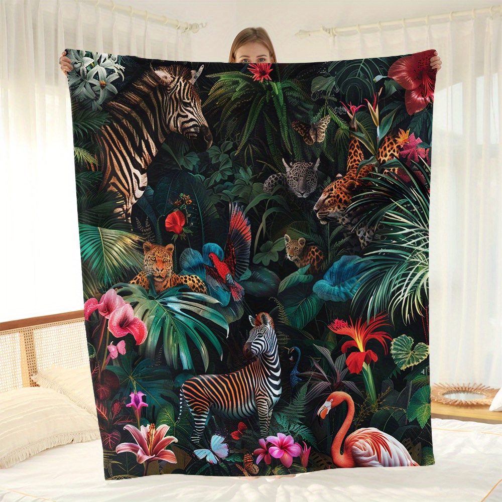 

Jungle Safari Flannel Fleece Throw Blanket – Contemporary Style, Woven Polyester, All-season Comfort With Tropical Wildlife Animal & Floral Pattern – Versatile For Sofa, Napping, Travel & Gift