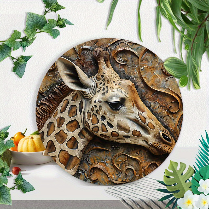 

Giraffe Metal Wall Art, 8x8 Inch Round Aluminum Sign, 3d-style Decorative Wreath For Indoor And Outdoor Spaces, Waterproof And Weather-resistant, Pre-drilled For Easy Hanging