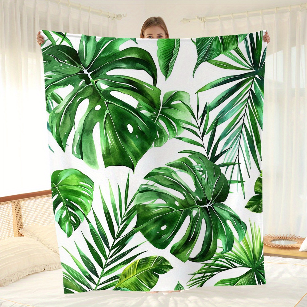 

Tropical Leaf Print Flannel Throw Blanket - All-season Cozy Polyester Flannel, Contemporary Style With Digital Print, Woven Craftsmanship, Lightweight For Couch Sofa Bed Gift - 59"x79