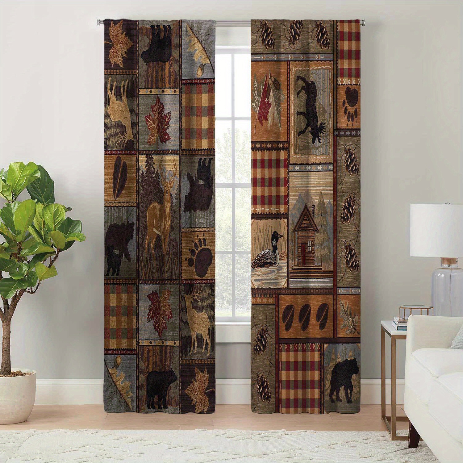 

Bohemian Style Living Room Decorative Doorway Curtains, Vintage Bear & Deer Print Drapes, Jacquard Polyester Curtains With Tie Back, Machine Washable, Easy To Hang, Boho Charm For All