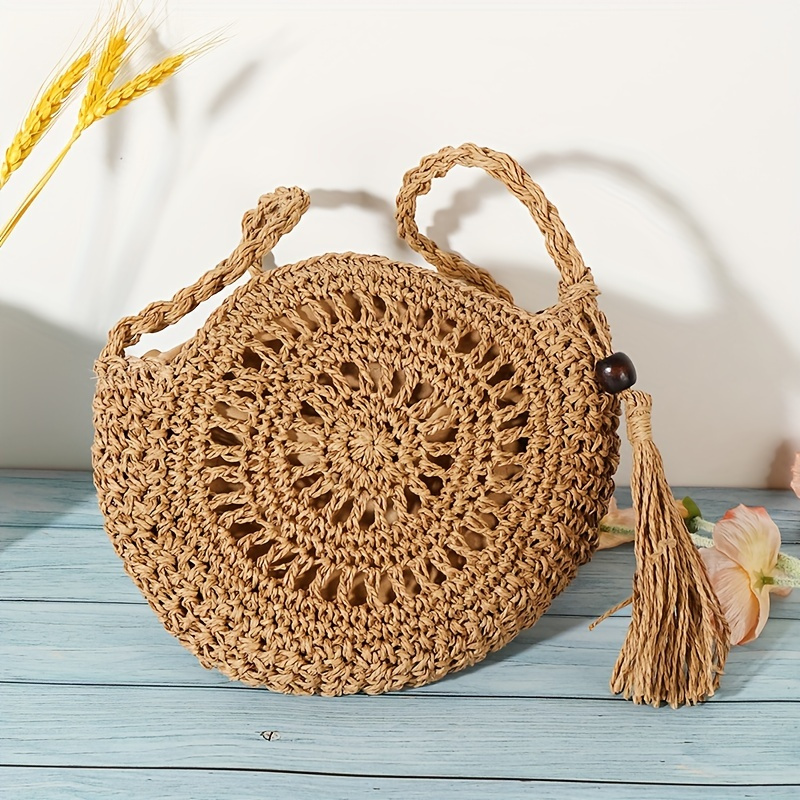 

Bohemian Chic Woven Round Crossbody Bag With Tassel Detail - Handmade Sling Shoulder Purse For Casual, Travel & Beach Use