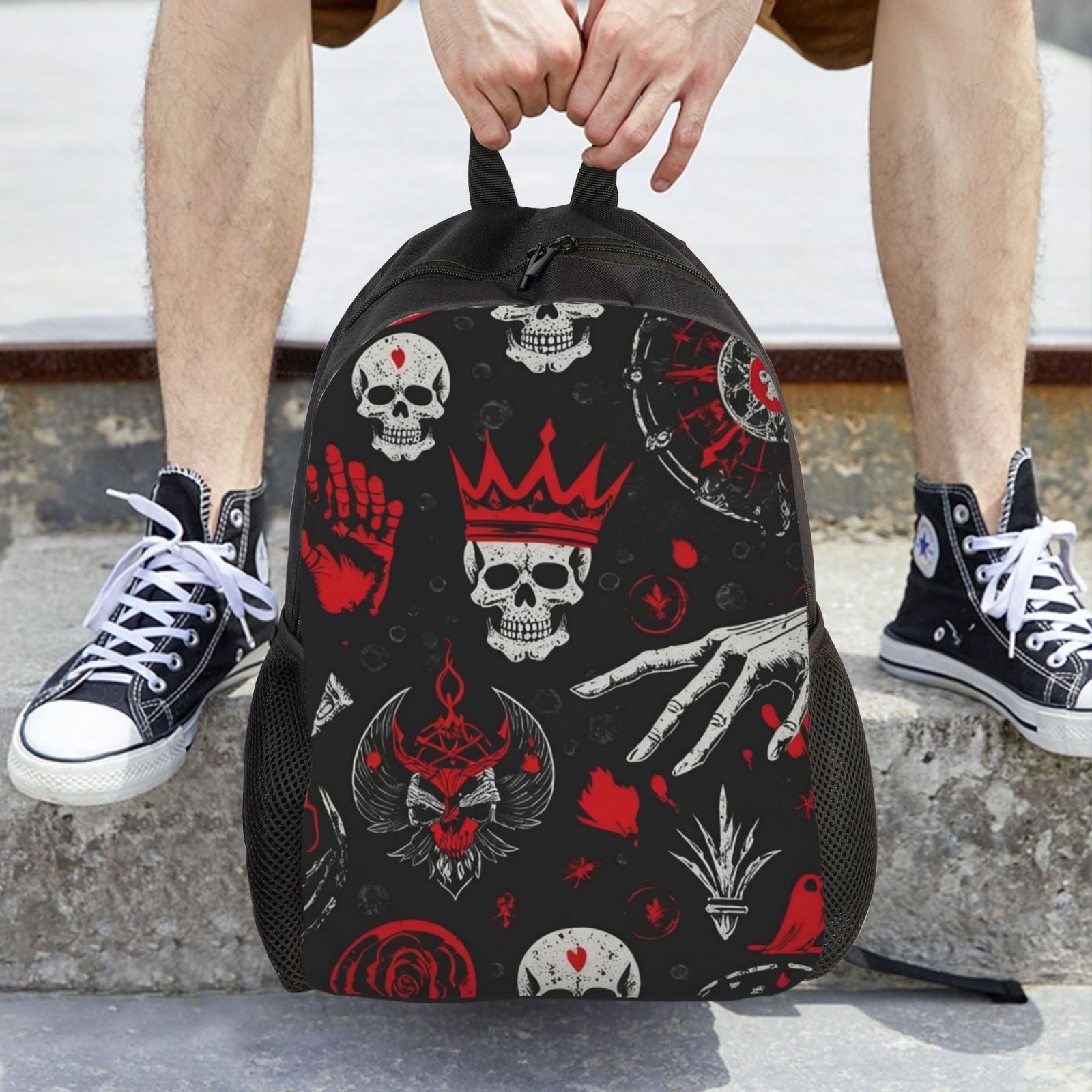 Mochila negra ajustable con estampado de calavera de corona de moda  para hombres y mujeres, mochila para libros para secundaria