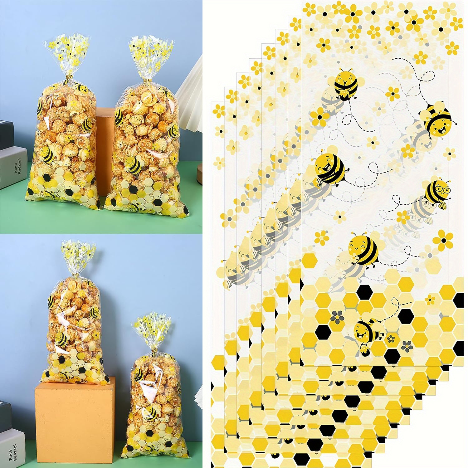 

50-piece Bee-themed Party Favor Bags With Twist Ties - Yellow Cellophane Treat Bags For Birthday & Candy Gifts