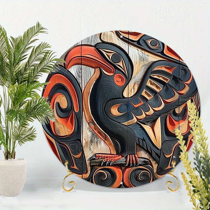 

Tribal Sunbird Totem Round Aluminum Wall Art Decor - 8x8 Inch (20x20cm) Weather Resistant Home Decoration