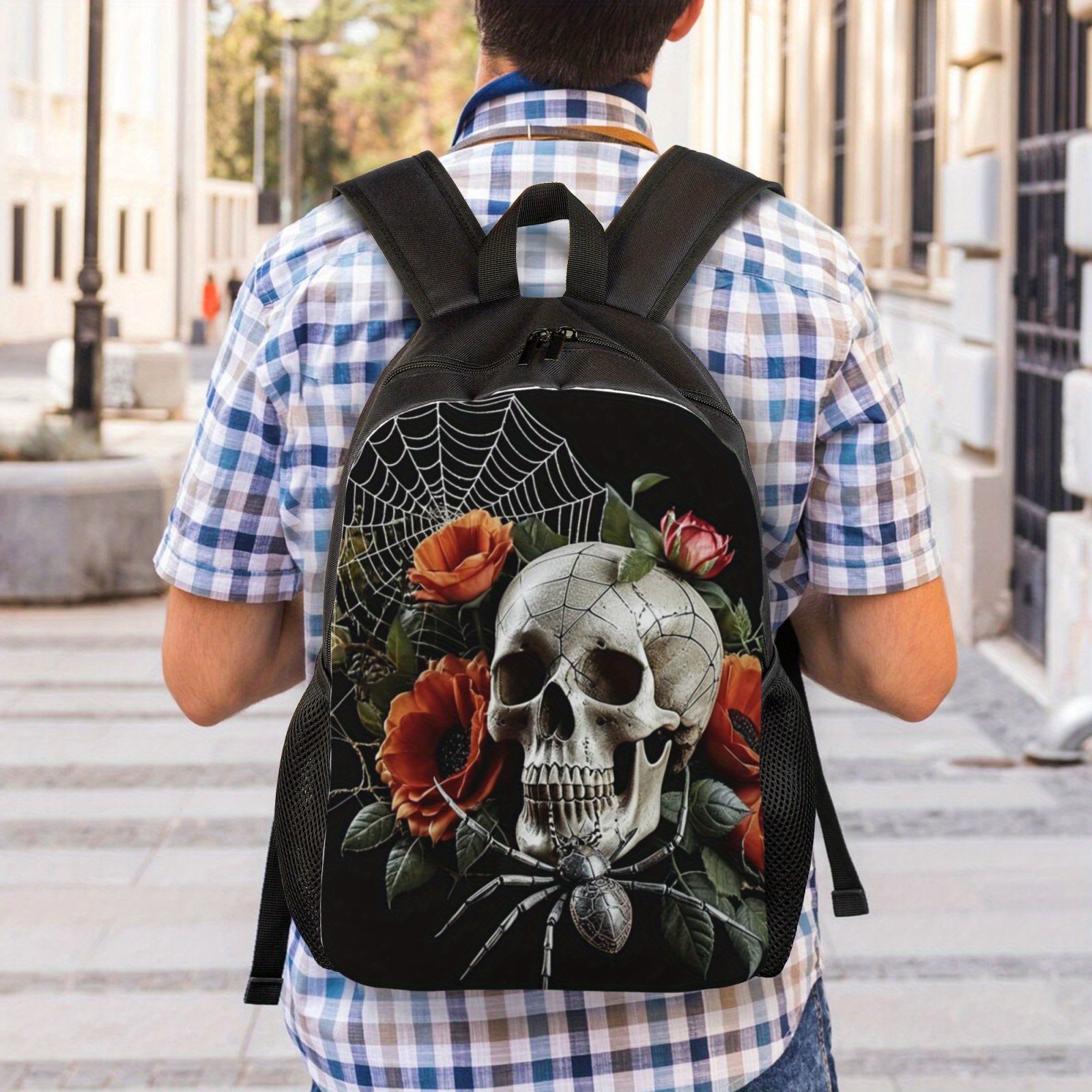 Mochila Negra Ajustable Diseno Calavera Rosa Temu