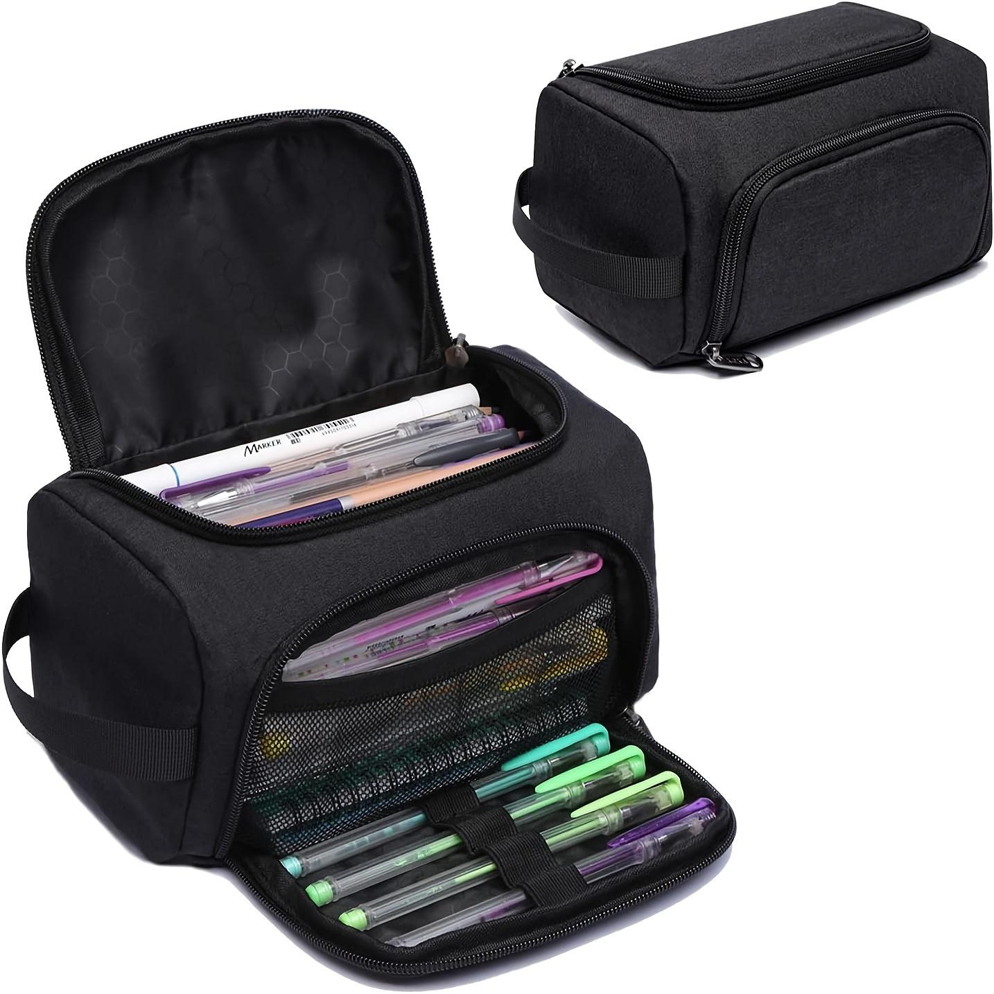 

Extra-large Multi-compartment Pencil Case - Durable Polyester, Ideal For School & Travel, Black