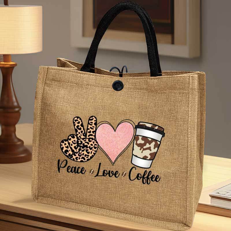 

Rustic Chic Burlap Tote Bag With Coffee Theme Prints, Large Capacity Shoulder Bag, Fashionable Commuter School Shopping Women's Handbag