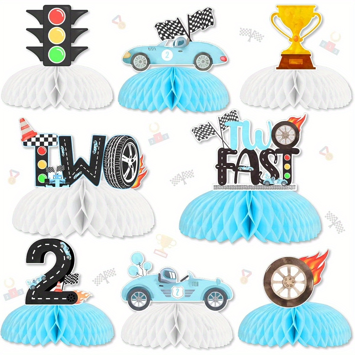 

8pcs 2 Fast Honeycomb Centerpieces - Paper Race Car 2nd Birthday Party Decorations, Universal Checkered Flag Anniversary Supplies, Blue Double-sided Table Decor Without Electricity