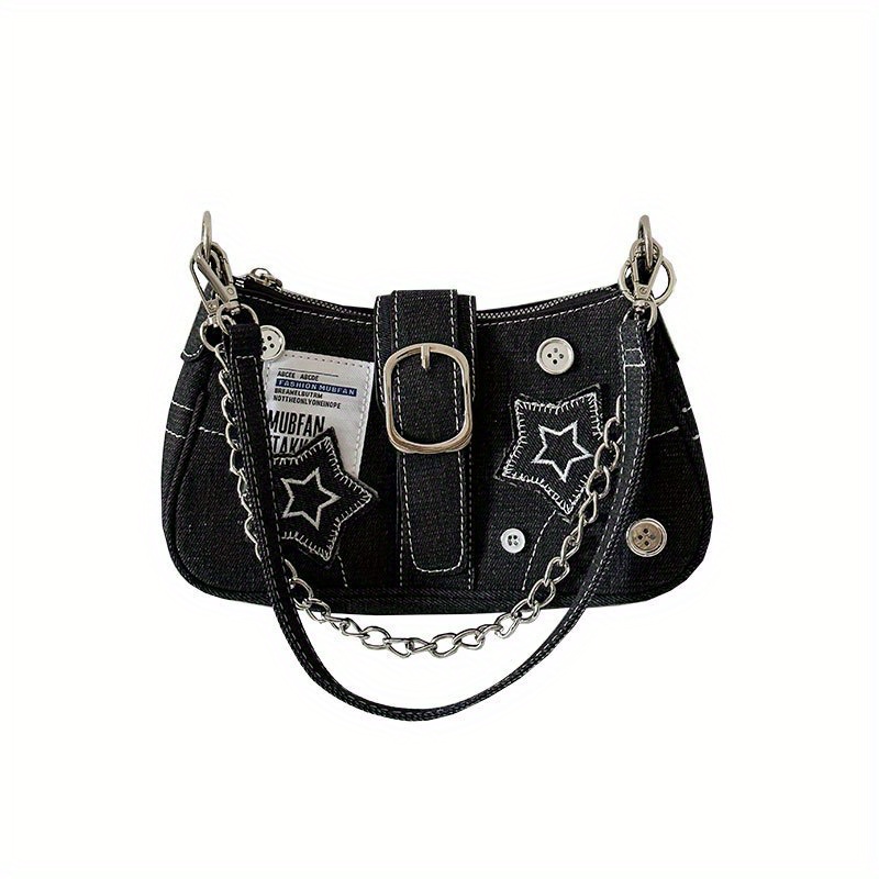 

Denim Crescent Moon Satchel With Star Accents, Fashionable Trendy Underarm Bag, Canvas Handbag With Chain Strap, Unique Design, Casual Street Style Accessory
