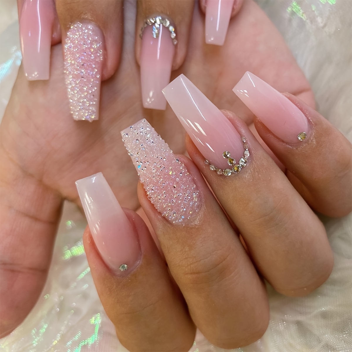 

24pcs/set Almond Shaped Glossy Press On Nails - Pink And White Gradient With Glitter Rhinestone Design, Long Ballet Fake Nails, Sweet Acrylic Artificial Nails For Women And Girls.