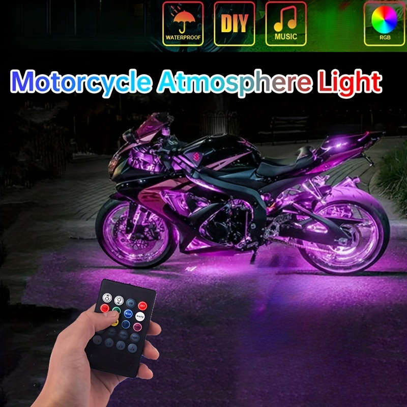 LED RGB ambient lights for motorcycle, 4-piece set with remote control, flexible neon lighting strips, decorative light source for motorcycles