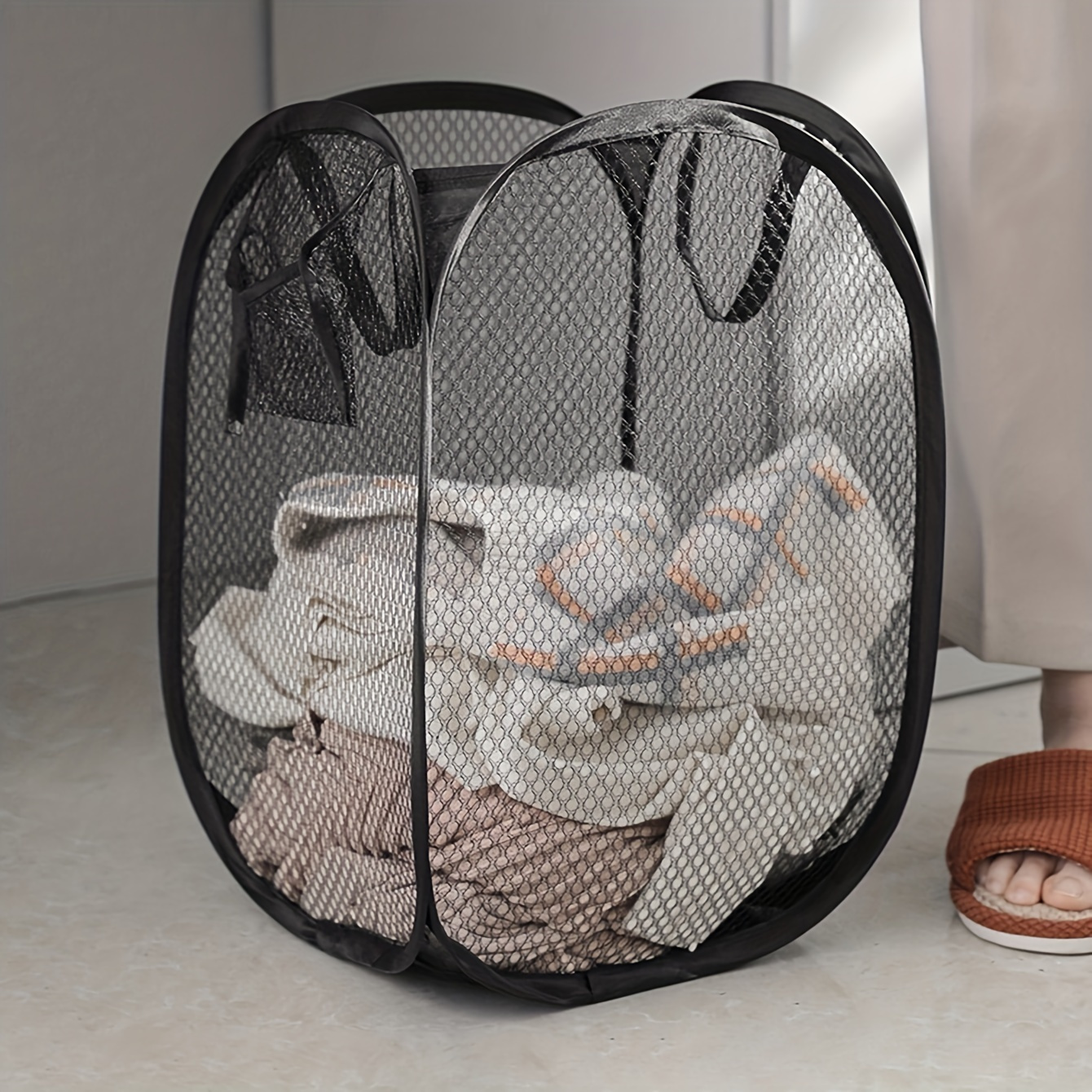 

Portable & Foldable Mesh Laundry Basket With Handles - Easy-open, Ideal For Home, Dorms & Travel