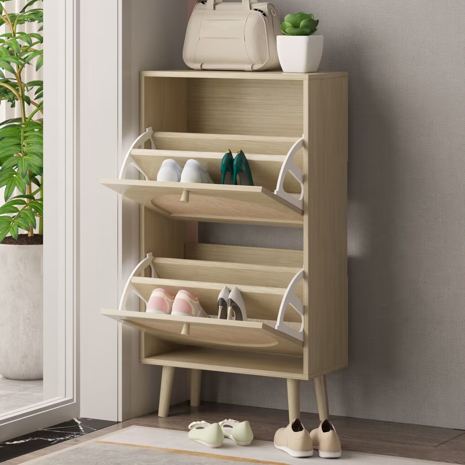 

2-tier Rounded Rattan-faced Shoe Cabinet With Raised Legs, Dense Board With Melamine Finish, Home Entryway Shoe Storage Organizer, 54cm X 24cm X 98cm