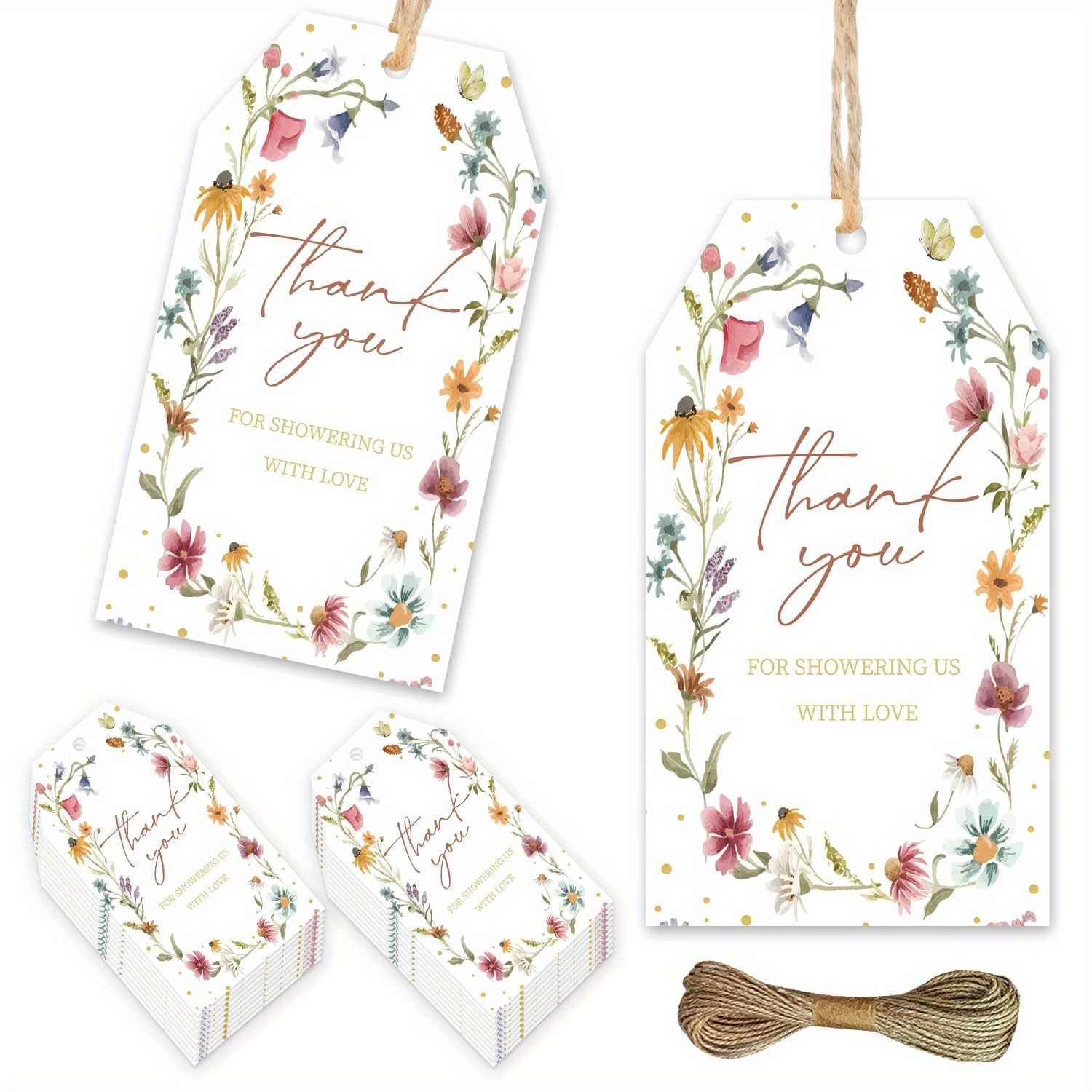 

50pcs Wildflower Thank You Gift Tags Set - Mixed Color Paper Floral Appreciation Labels For Wedding, Baby Shower, Party Favors