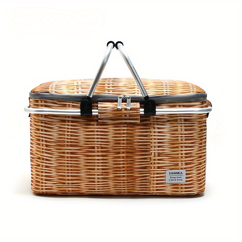 

25l Insulated Leak-proof Picnic Basket With Aluminum Frame, Foldable Handles For Camping, Picnics, Grocery Shopping, And Road Trips