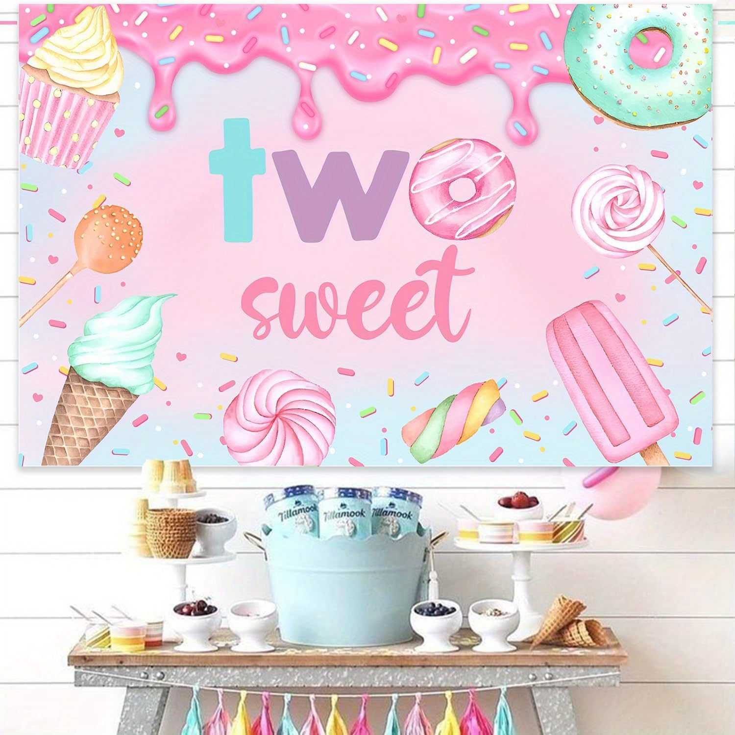 

2 Sweet" Birthday Party Backdrop - Vinyl Banner For Celebrations, Anniversaries & More - No Power Needed, Polyester