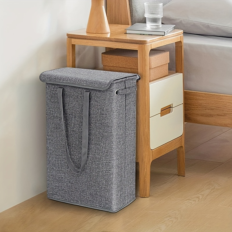 

Slim & Tall Laundry Hamper With Lid - Waterproof Linen Fabric, Modern Style, Stackable Storage Basket For Dirty Clothes In Bathroom, Bedroom, Or Dorm