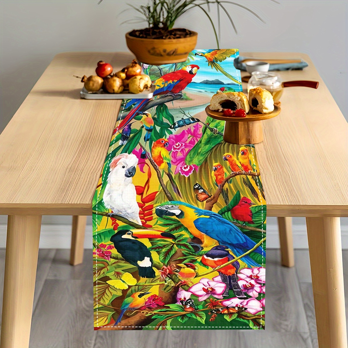 

1pc Linen Table Runner With Print, Vibrant Tropical Birds And Floral Pattern, Premium Table Decoration For Parties And Home Decor