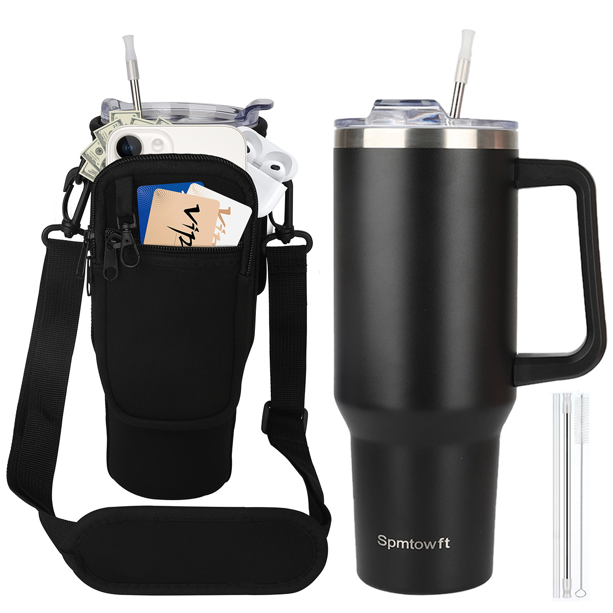 

40oz With Handle And Straw Lid & Carrier Bag, Stainless Steel Double Vacuum Coffee With Phone Pocket, Bottle Travel Mug For Men Women With Sleeve Holder