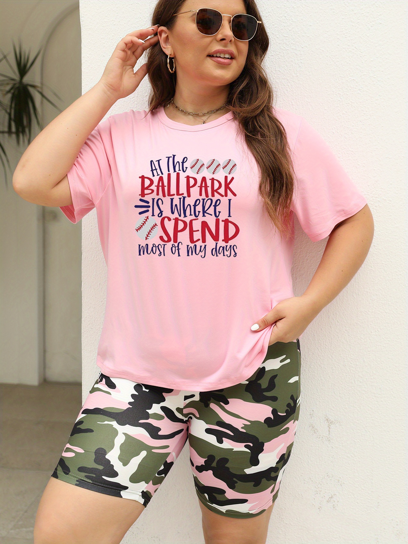 Women's Plus Size Sporty Baseball Letter Graphic T-Shirt Camo Bermuda  Shorts Set, Casual Print Tee And Camouflage Bottoms Outfit Fit