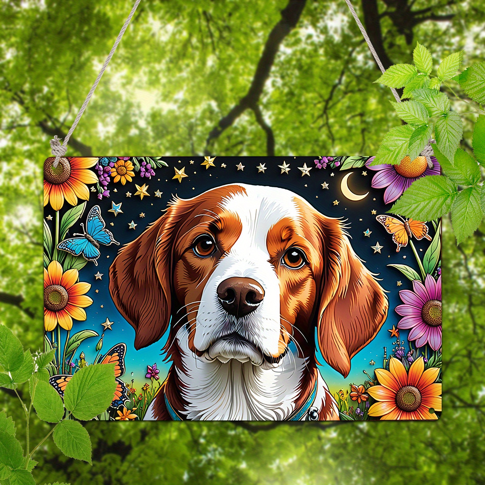 

Charming Spaniel Aluminum Wall Art - Perfect Gift For Pet Lovers, Ideal For Home, Office, Or Garden Decor, 8"x12" With Vibrant Flowers & Celestial Accents