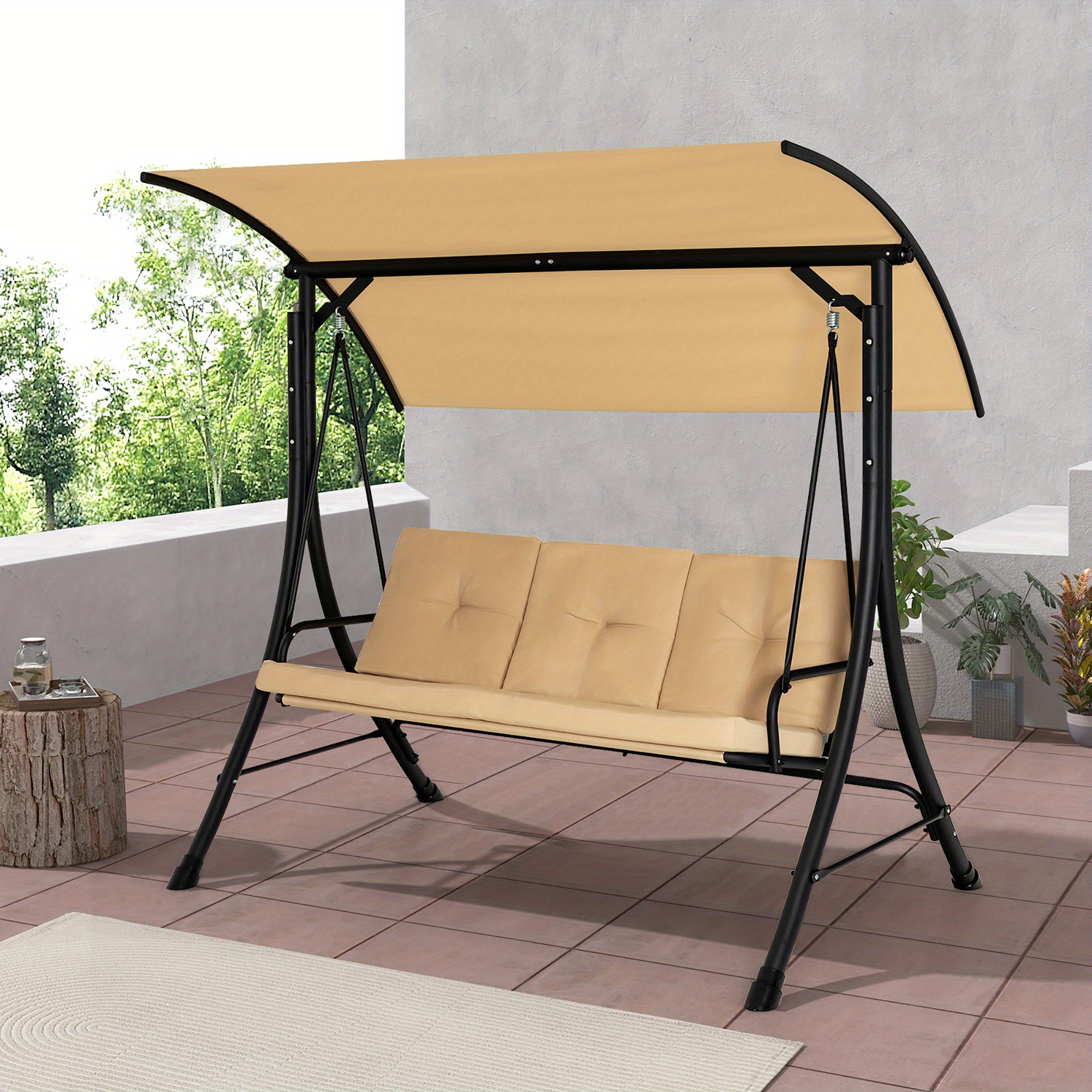 

3 Person Patio Porch Swing Outdoor Swing Chair W/ Cushions & Adjustable Canopy