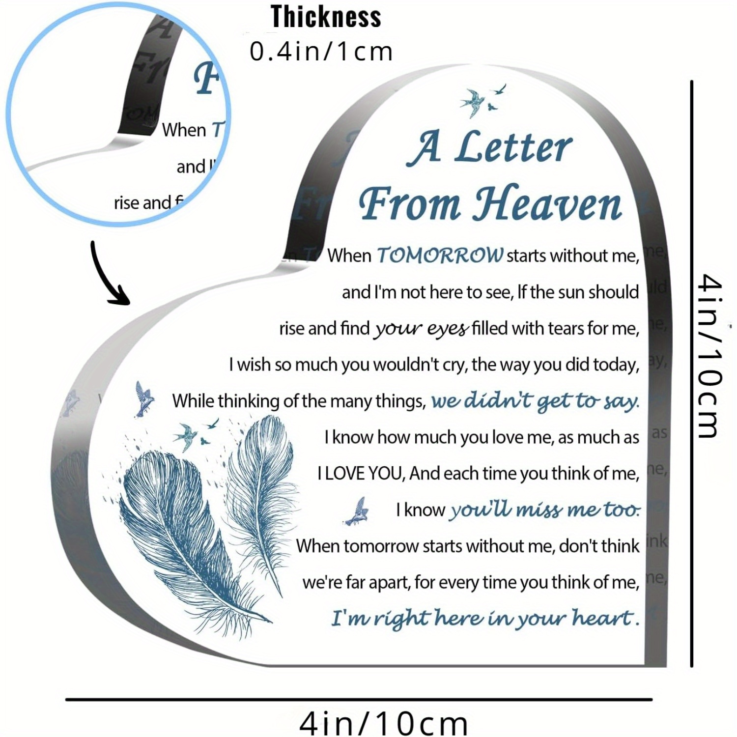 Suvremeni akrilni suvenir srca - Spomen-ploča za stol s pismom s neba - Svestrani suosjećajni poklon za gubitak voljene osobe - Trajno, ne treba struje