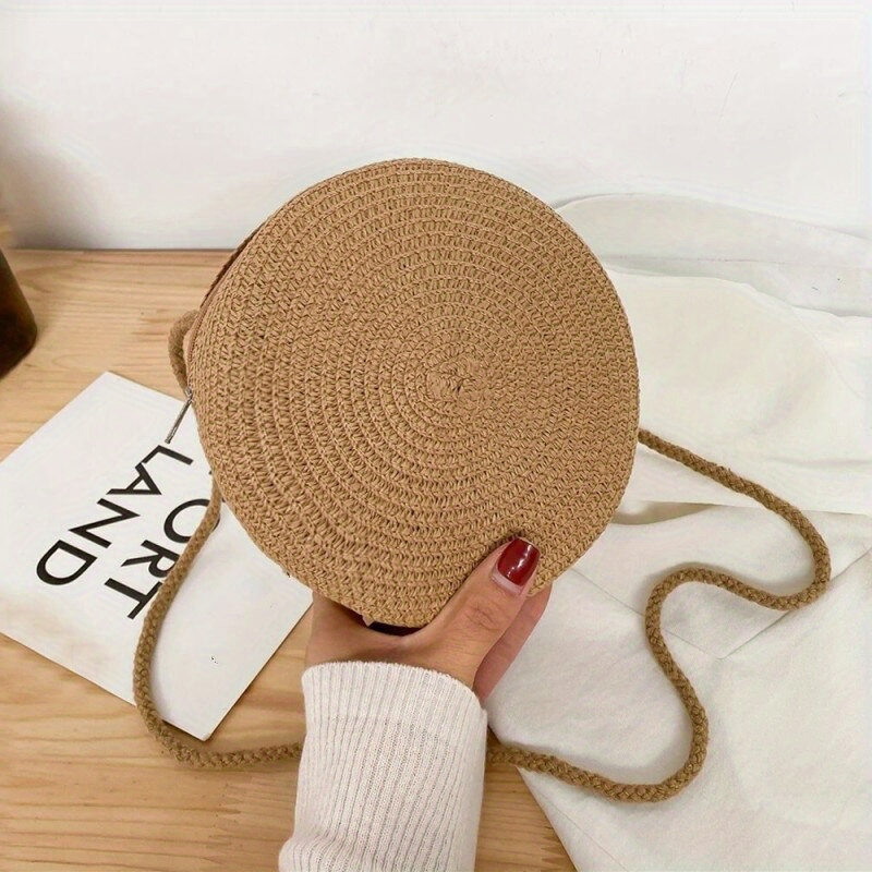 

Round Straw Crossbody Bag For Women - Minimalist Shoulder Handbag With Cross-body Strap - Available In White, Beige, Orange-red, Bright Yellow, Grey - Perfect For Vacation Style