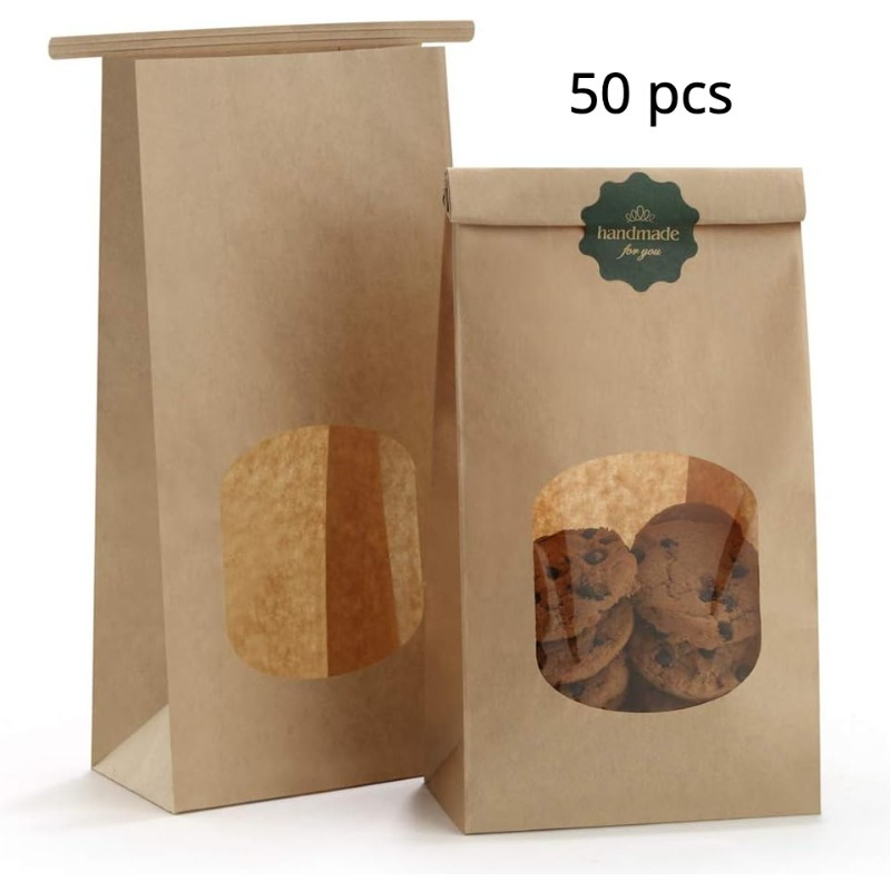 TEMU 50pcs Pack Of Window Bakery Bags With Tab-lock - 4.5x2.36x9.6 Inch Paper Resealable Treat Bags Suitable For, Chocolates, Parties, Cafes, Bakeries (bakery Window Bags)