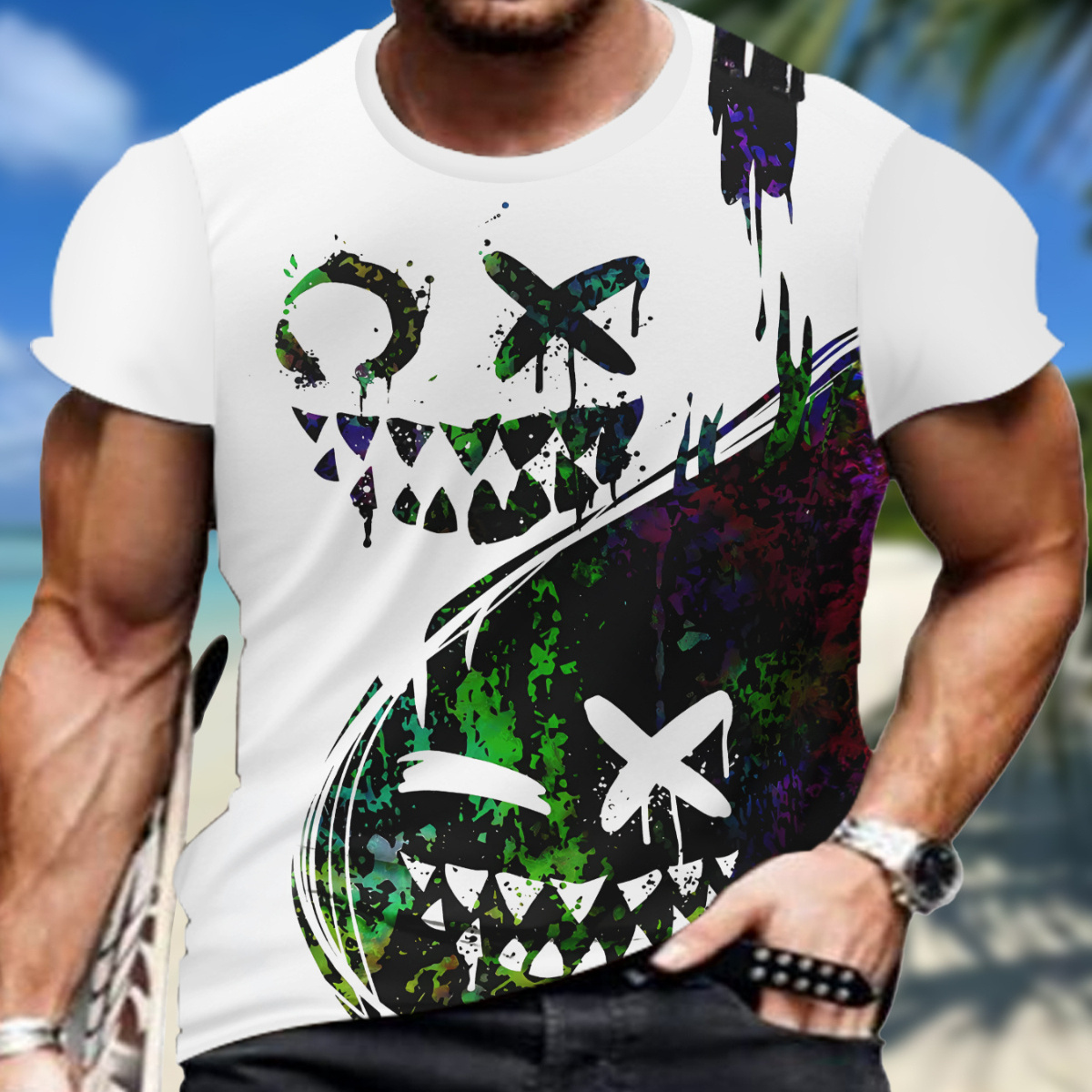 

Men's Smiling Faces Graphic Print T-shirt, Short Sleeve Crew Neck Tee, Men's Clothing For Summer Outdoor