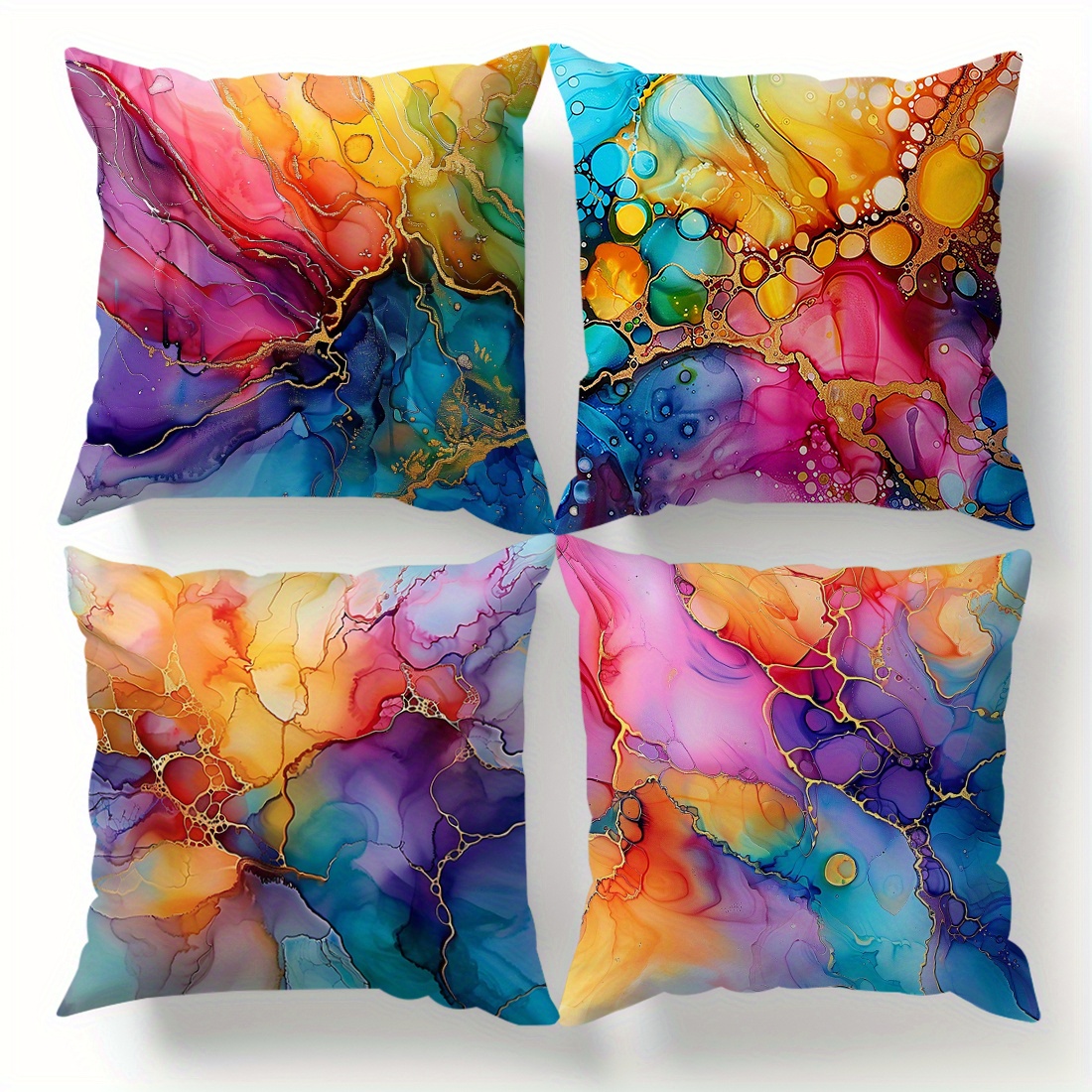 4pcs Set Of Colorful Ink Wash Painting Printed Throw Pillow Covers For Sofa - Velvet Pillowcases 45*45cm