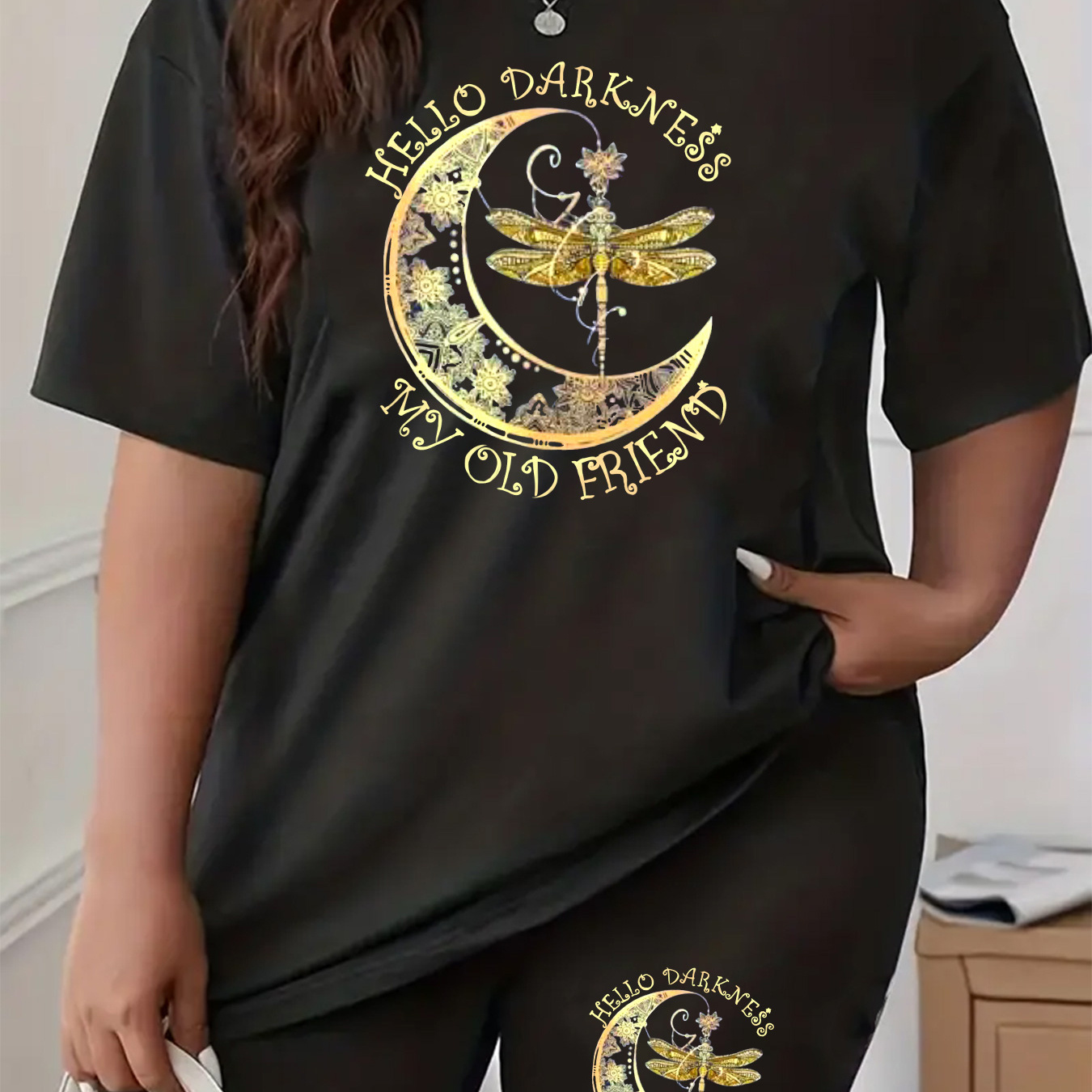 

Plus Size Moon & Dragonfly Print Biker Shorts Set, Short Sleeve Crew Neck T-shirt & Biker Shorts Outfits, Women's Plus Size Clothing