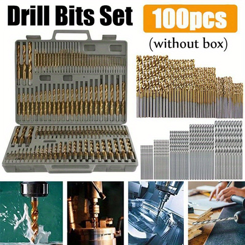 

100-piece Titanium-coated Hss Drill Bit Set - Straight Shank, Twist Flute Design For Easy Drilling In Wood, Aluminum & Plastic