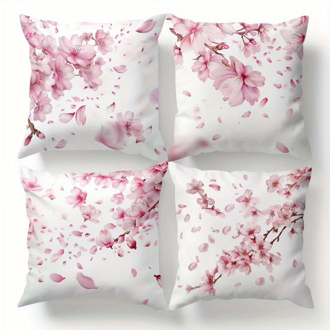 E-shop 4 Stück Kirschblüten-Illustrationsset, einseitig bedruckte Kissenbezüge für Sofa - Pfirsichhaut-Velours, 45*