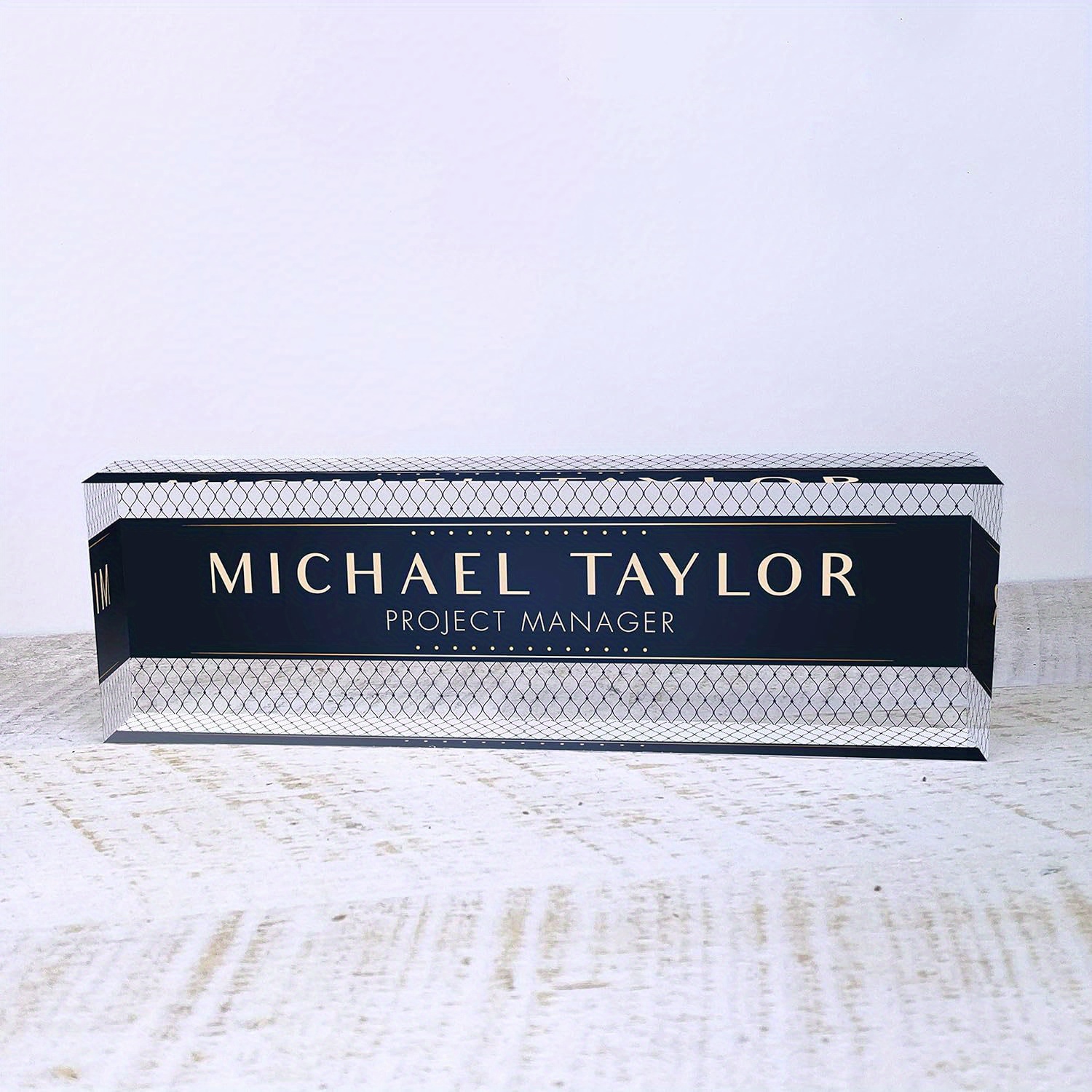 

Custom Acrylic Glass Desk Name Plate - Personalized Office Decor With Unique Net Design