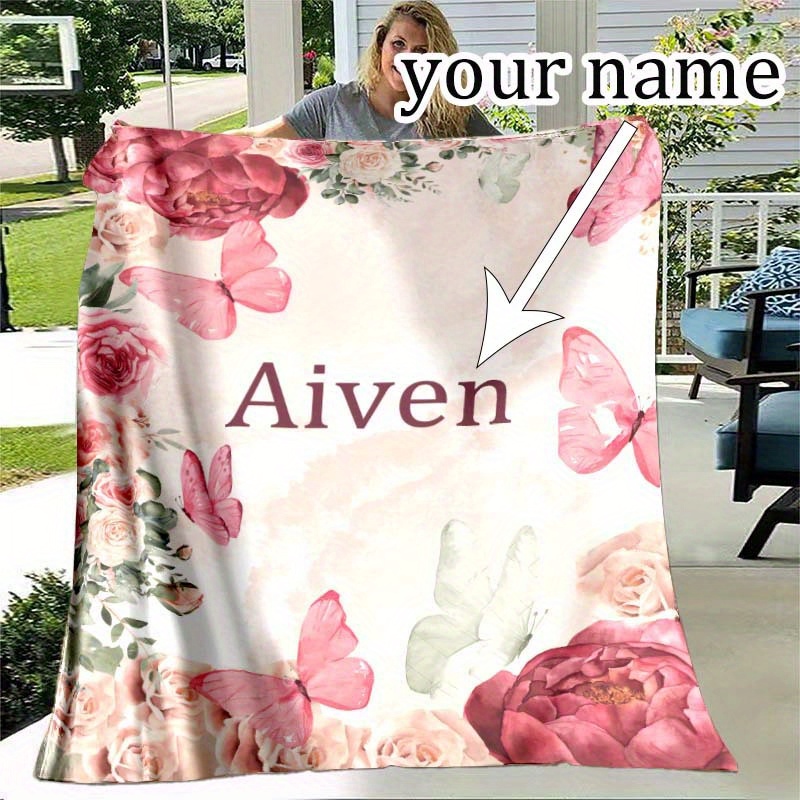 

Custom Name Pattern Floral Portable Blanket, 4 Seasons Flannel Outdoor Blanket