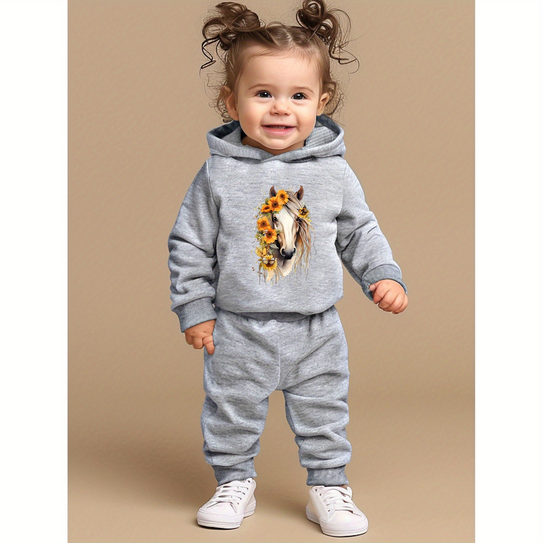 

Horse With Sunflower Graphic Print Baby & Toddler Girl's Casual 2pcs Hooded Long Sleeve Sweatshirt & Long Pants Set