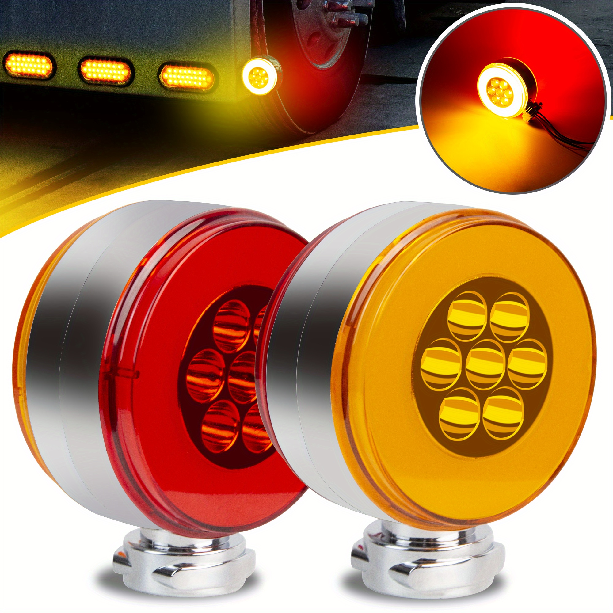 

2-piece Dual-sided Amber & Red Led Fender Lights - Easy Stud Mount, 14-led Stop, Turn, Tail Signal For Trailers