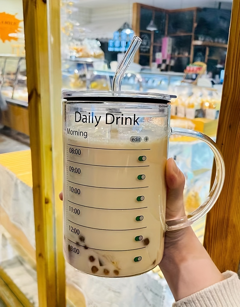 1000ml glass drinking cup with lid and straw high borosilicate glass daily drink mug with time marker patterned versatile drinkware for iced coffee juice milk tea and stylish glassware details 3