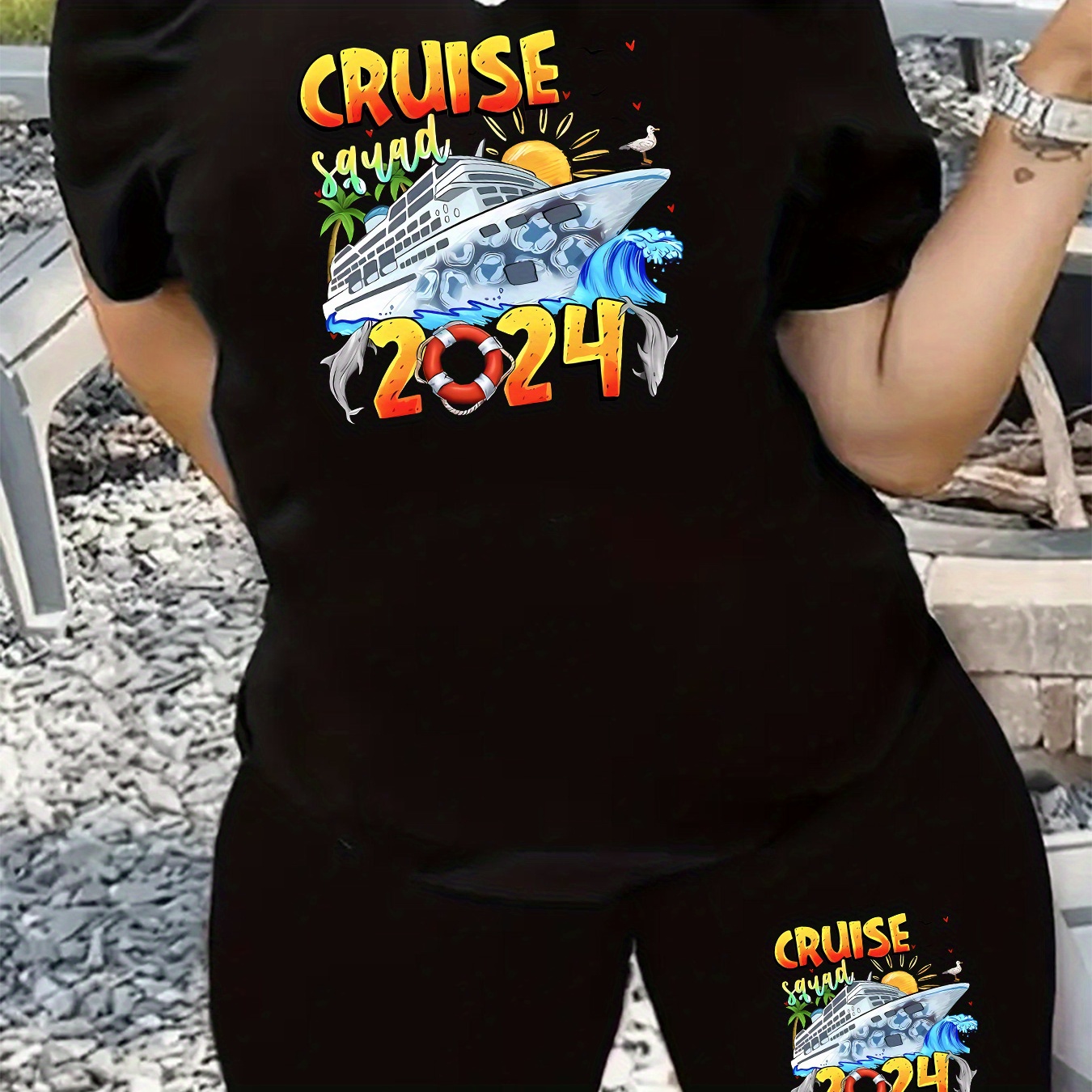 

Plus Size Cruise 2024 Print Biker Shorts Set, Short Sleeve Crew Neck T-shirt & Biker Shorts Outfits, Women's Plus Size Clothing