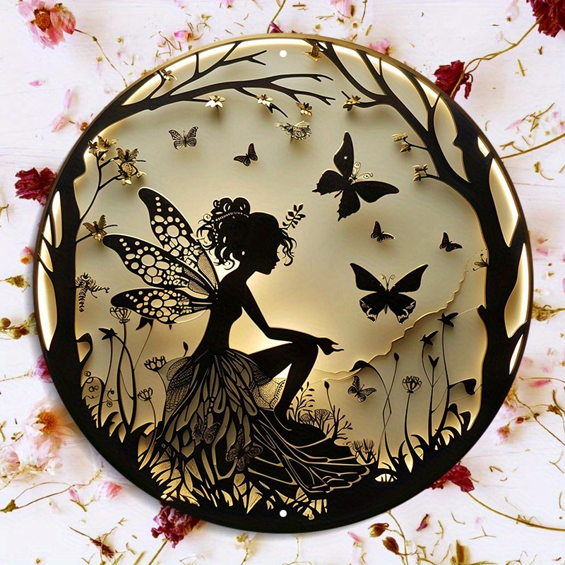 

8-inch Round Aluminum Metal Sign With Fairy And Butterflies Design For Door Hanger Or Wall Decor - Waterproof And Weather Resistant - Hd Printing Quality - Pre-drilled For Easy Hanging - Xhf 3880