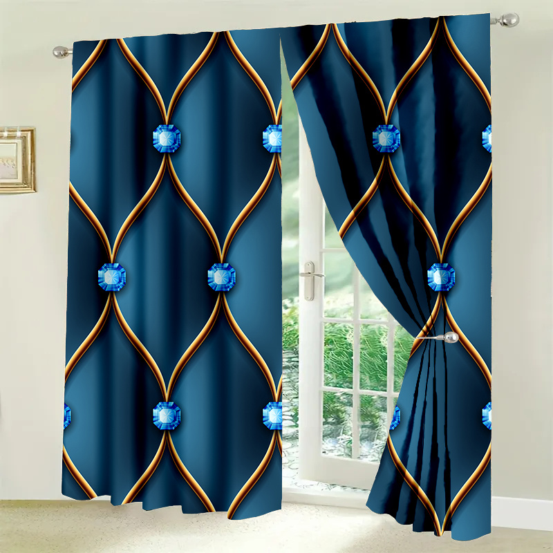 

2-piece Set Dark Blue Nordic Diamond Pattern Door Curtains - Satin Finish, Fashionable Floral Design For Bedroom & Living Room Decor, Machine Washable