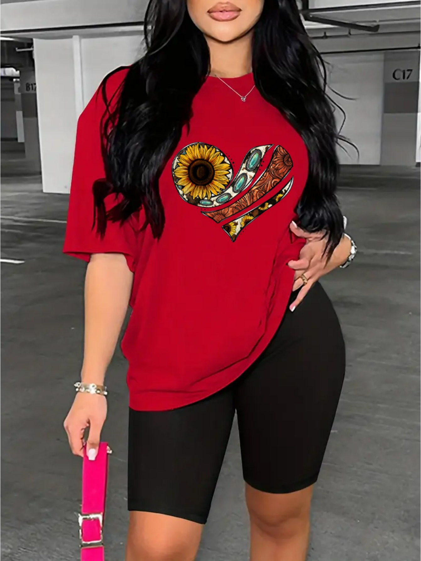 style shirt cheetah biker shorts outfit summer women's casual sportswear set sunflower heart graphic