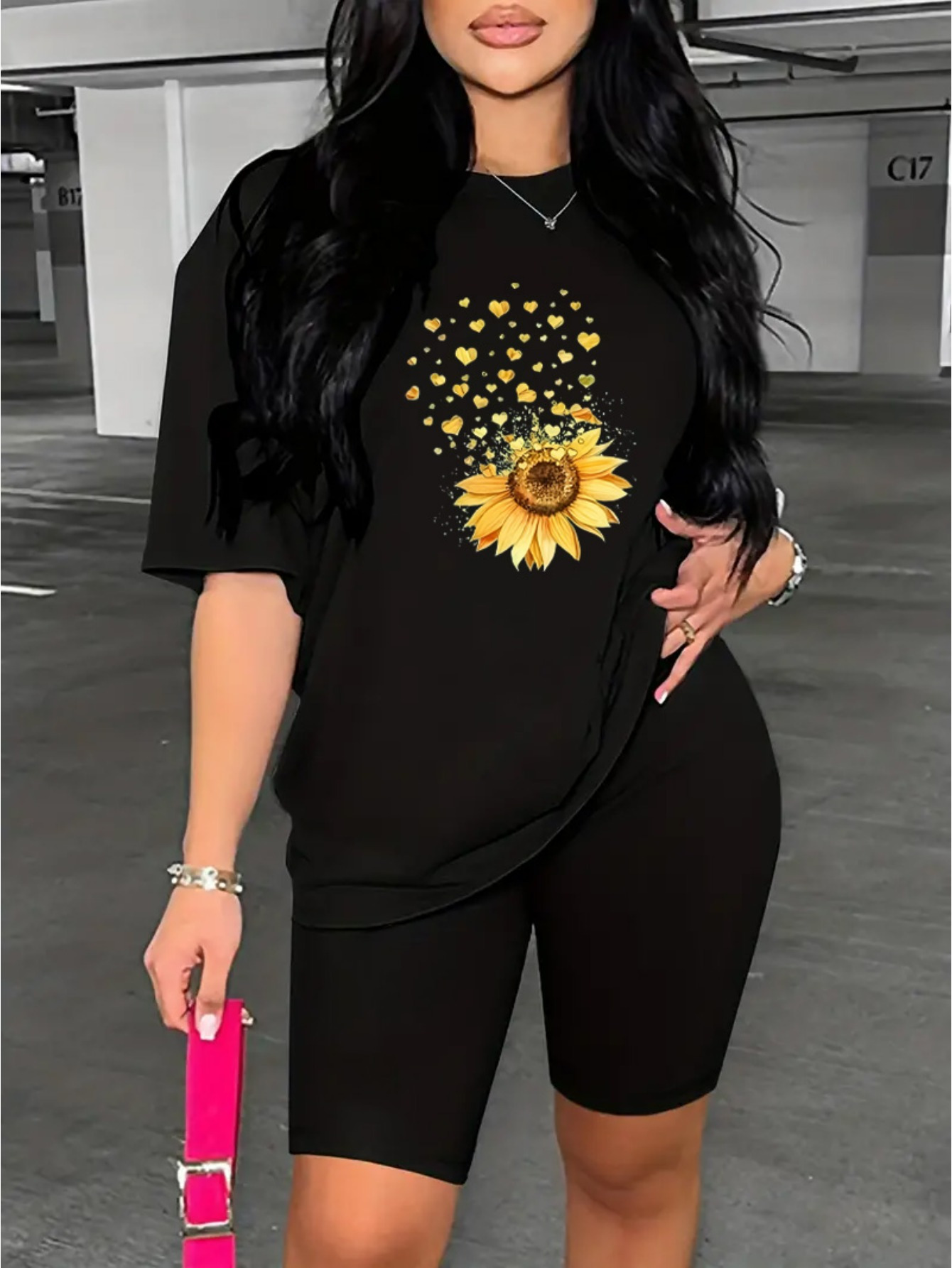 summer women's casual sportswear set sunflower heart graphic