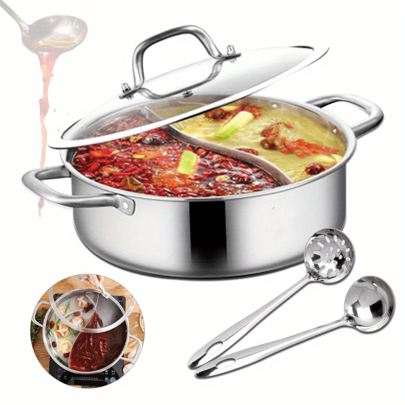 

32cm 304 Stainless Steel Right Angle Duck Pot W/ Soup Ladle+leak Stainless Steel Shabu Shabu Pot With Double Sided Divider For Cooking Soup W/ Lid